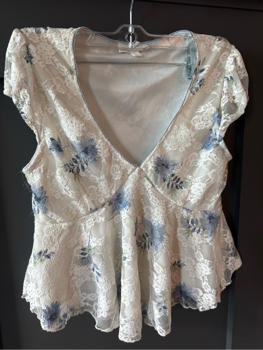 White Lace Floral V-Neck Peplum Top - Blue Floral